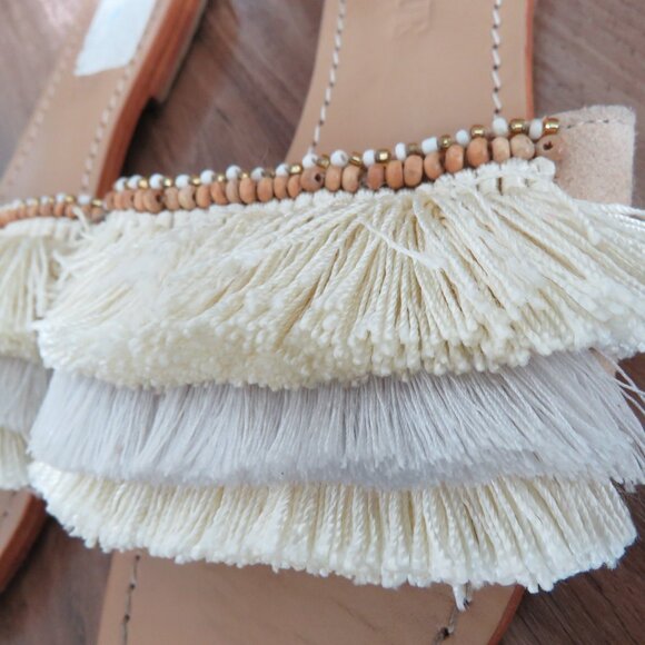 MYSTIQUE Caracas Fringed Leather Slip On Slide Sandals in Beige Beach Size US 7 - Picture 5 of 12